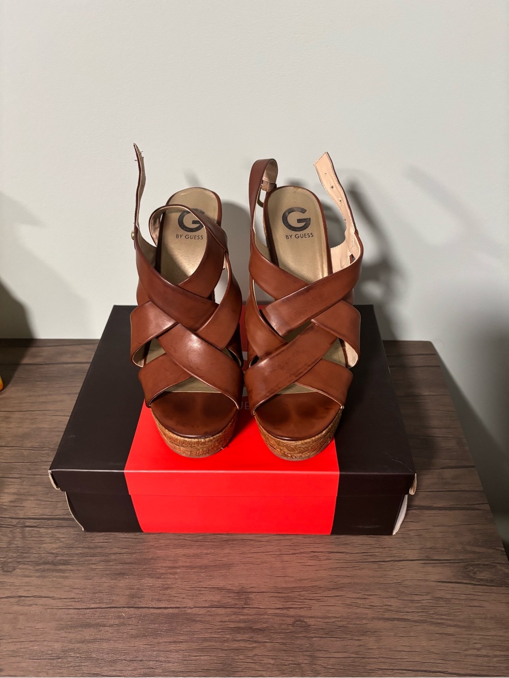 G by Guess Tan Brown Leather Crisscross Wedge Sandals